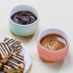 Caramel Bourbon Sauce with Chocolate Bourbon Sauce and Bourbon Blondie